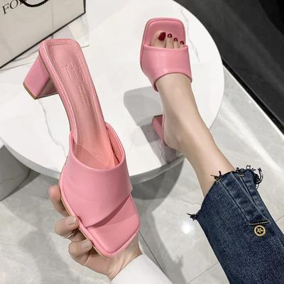 Fashion Summer New Women's Solid Color Candy Color Thick Heel Square Head Open Toe Sandals
