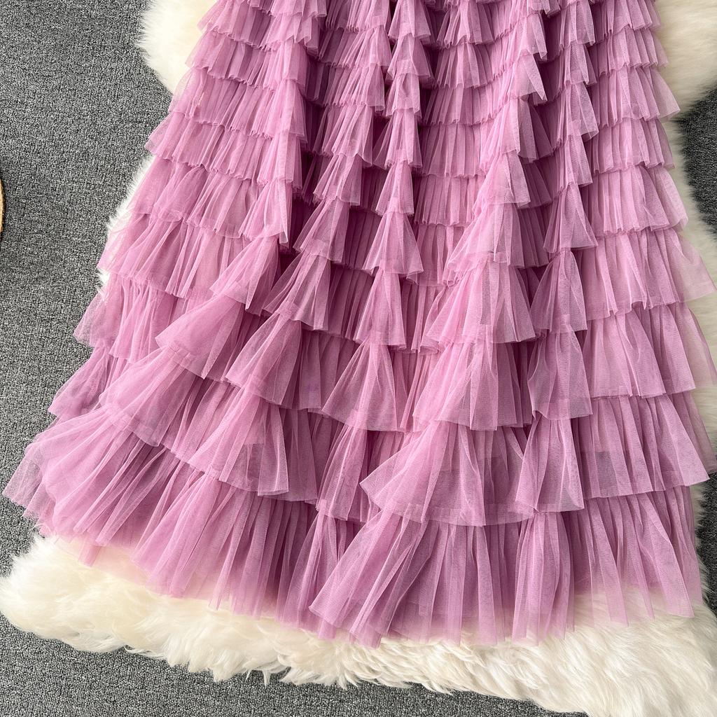 Summer Women Elegant Ruffles Mesh Elstic Waist Long Midi Cake Skirt
