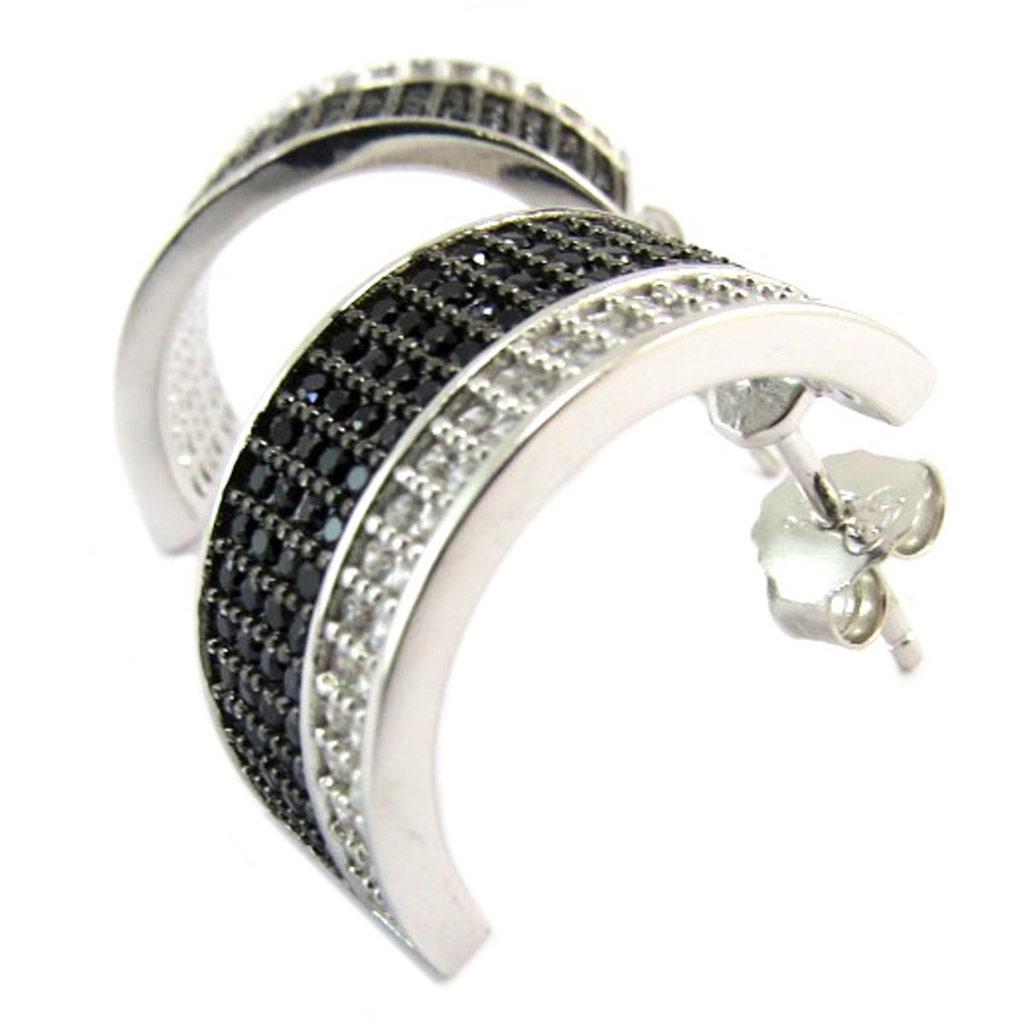 Les Trésors De Lily [P6887] - Silver Half-creoles 'Sissi' Black White Silver (rhodium-plated) - 18x10 Mm