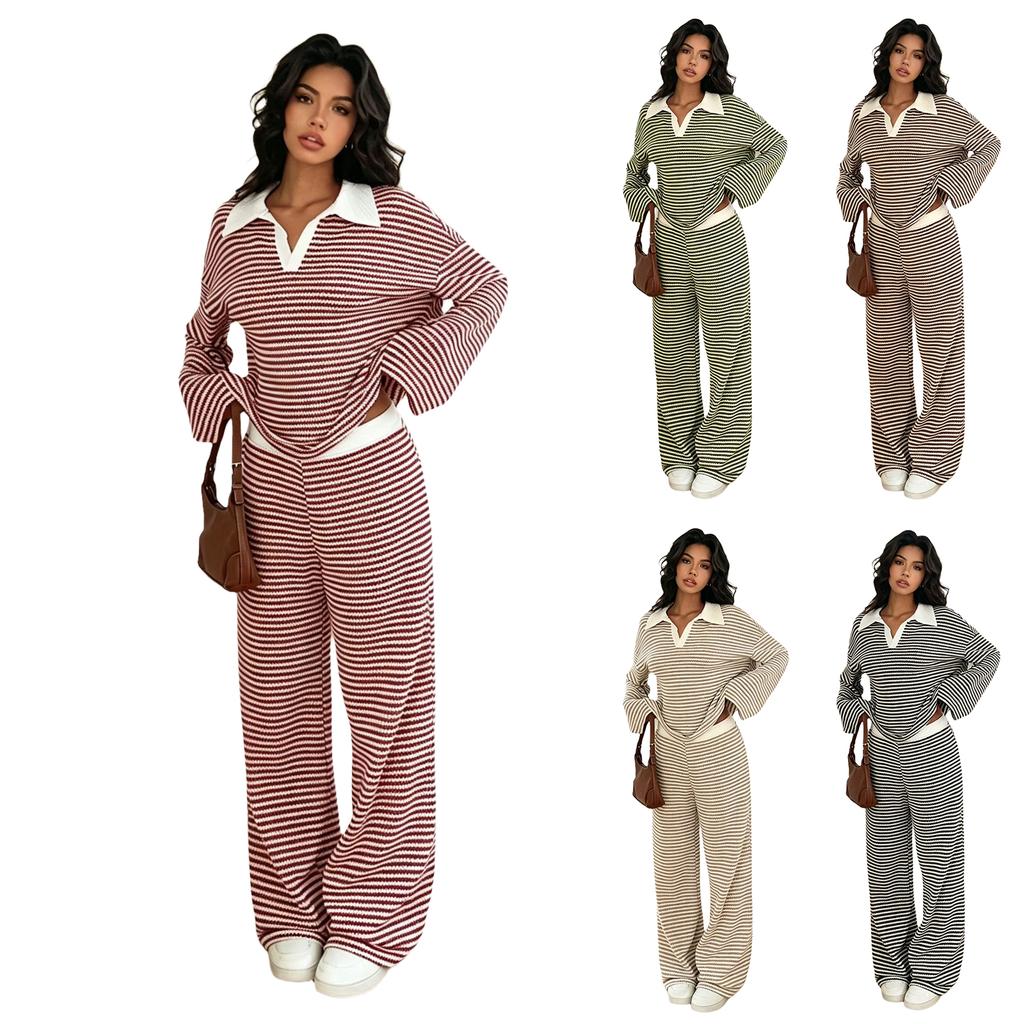 Women's 2 Piece Set - Striped Collar Long Sleeve Top with Flowy Wide Leg Pants for Casual Daily Wear