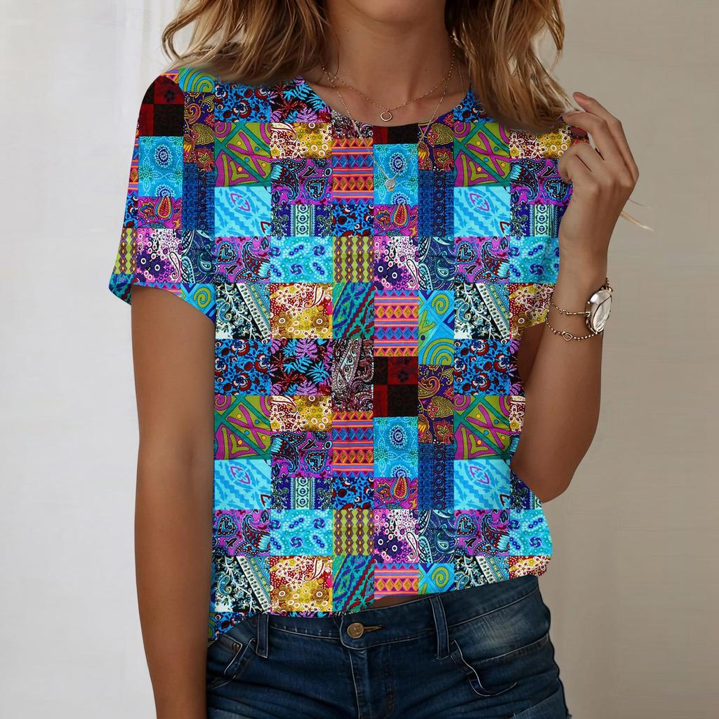 Women's Fashionable Casual Short-sleeved, Retro Printed Round-neck Top