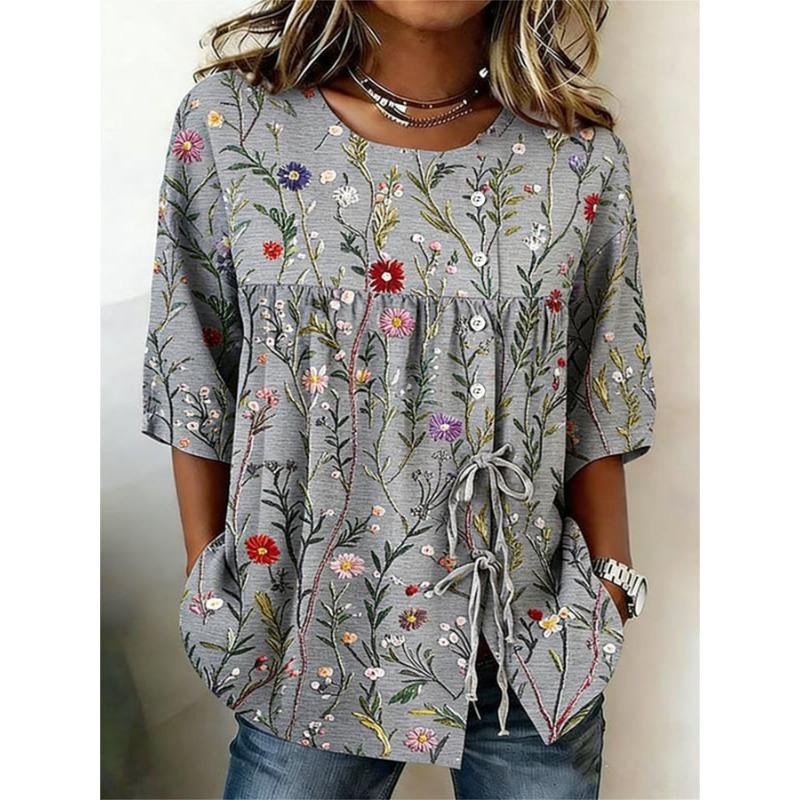 Women's Abstract Batik Print Casual Blouse, Button Tie Front Loose Top with Pockets for Spring Summer Daily Wear