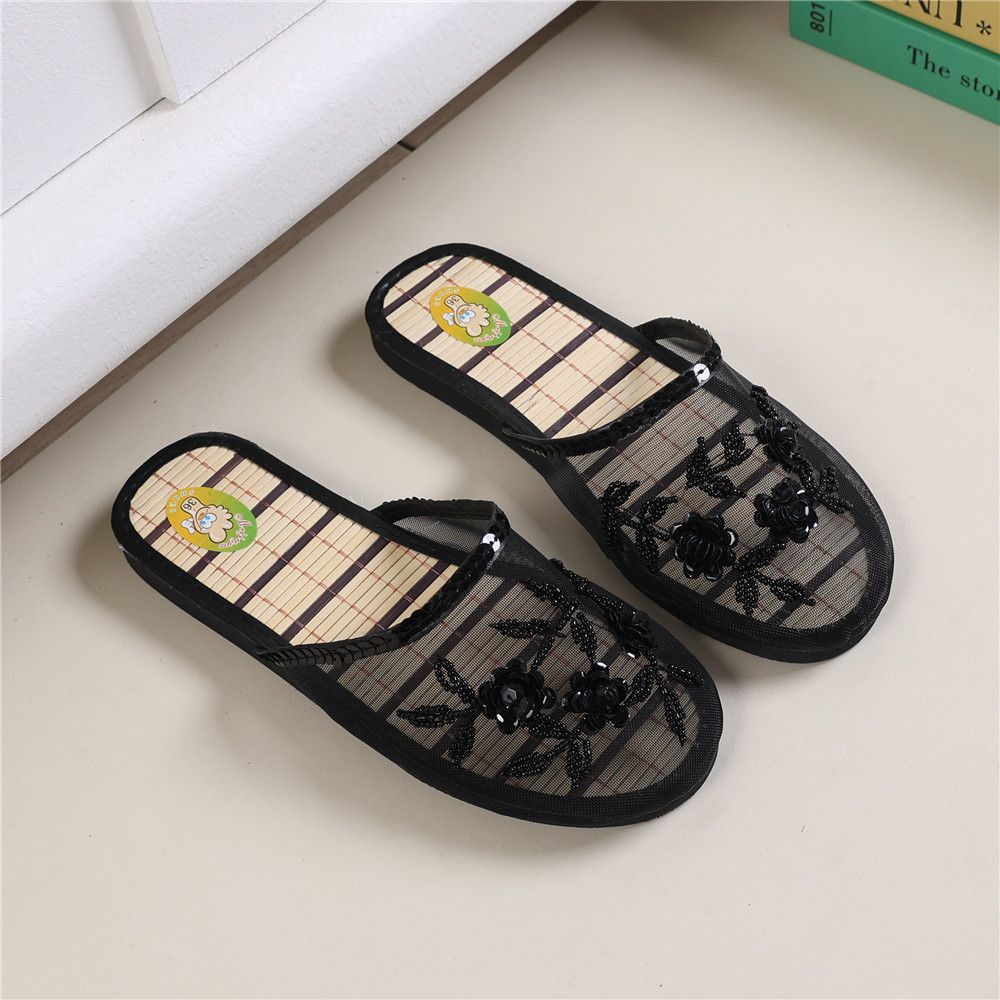 Handmade Beaded Home Slippers Women's Summer Indoor Mesh Wooden Flooring All Season Slippers Flat Heel