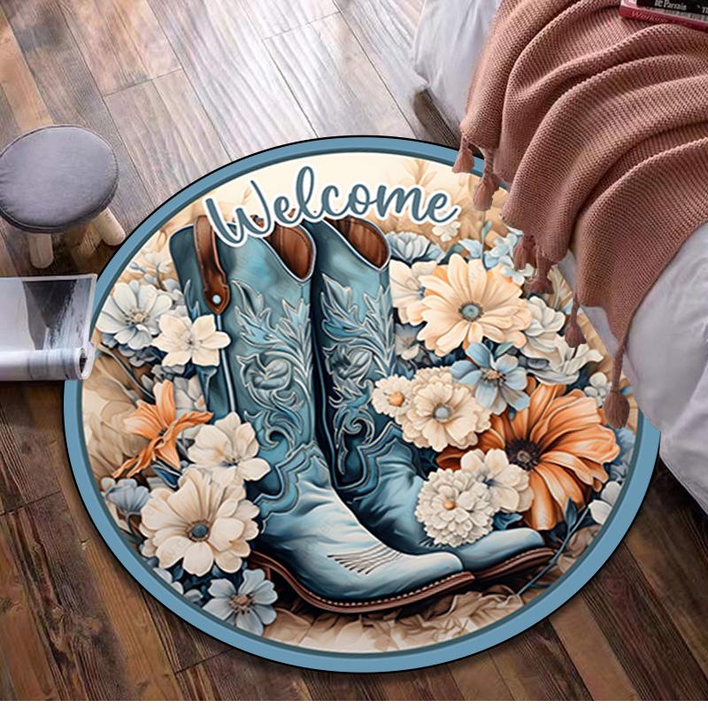 1Pc Cowgirl Boots Hat Circular Print Rug - home decoration Carpet For Living Room Bedroom Flooring Computer Chair Area Rug