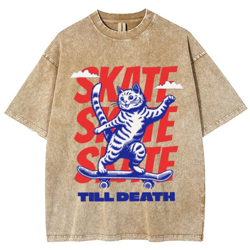 

Женская футболка с принтом скейтборда с кошкой, милая повседневная, стирка в стиле фэн-шуй, потертая, свободного кроя, с коротким рукавом, американский ретро-дизайн 3XL