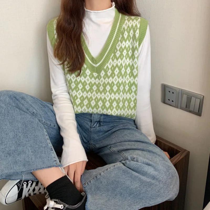 Gilet Scolastico a Quadri Fengling Primavera e Autunno Versione Coreana Femminile Largo Scollo a V Corto in Lana Lavorata a Maglia Senza Maniche