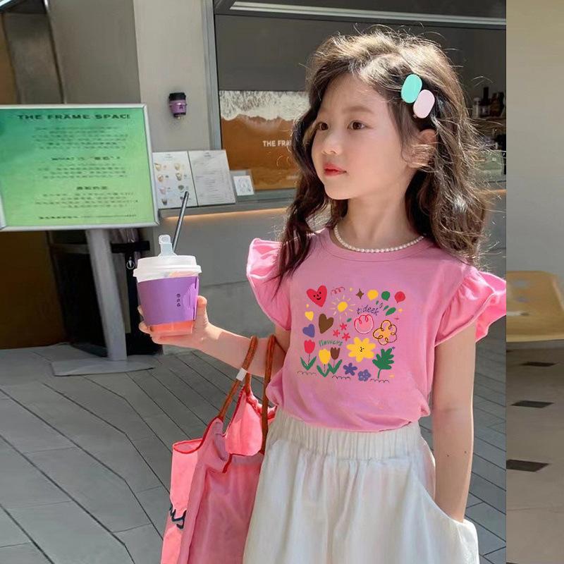 Girls Summer Cotton Short Sleeve T Shirt Baby Cute Flutter Sleeve Top Kids Breathable Thin Blouse