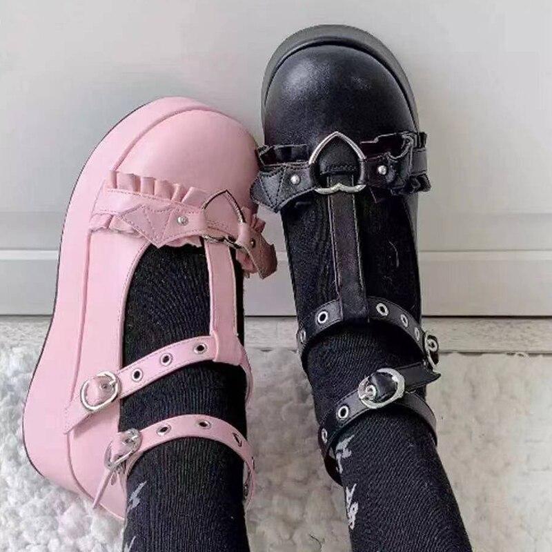 Sweet Heart Spenne Kiler Mary Janes Kvinner Rosa T-Reim Chunky Platform Lolita Sko Dame Punk Gothic Cosplay Sko