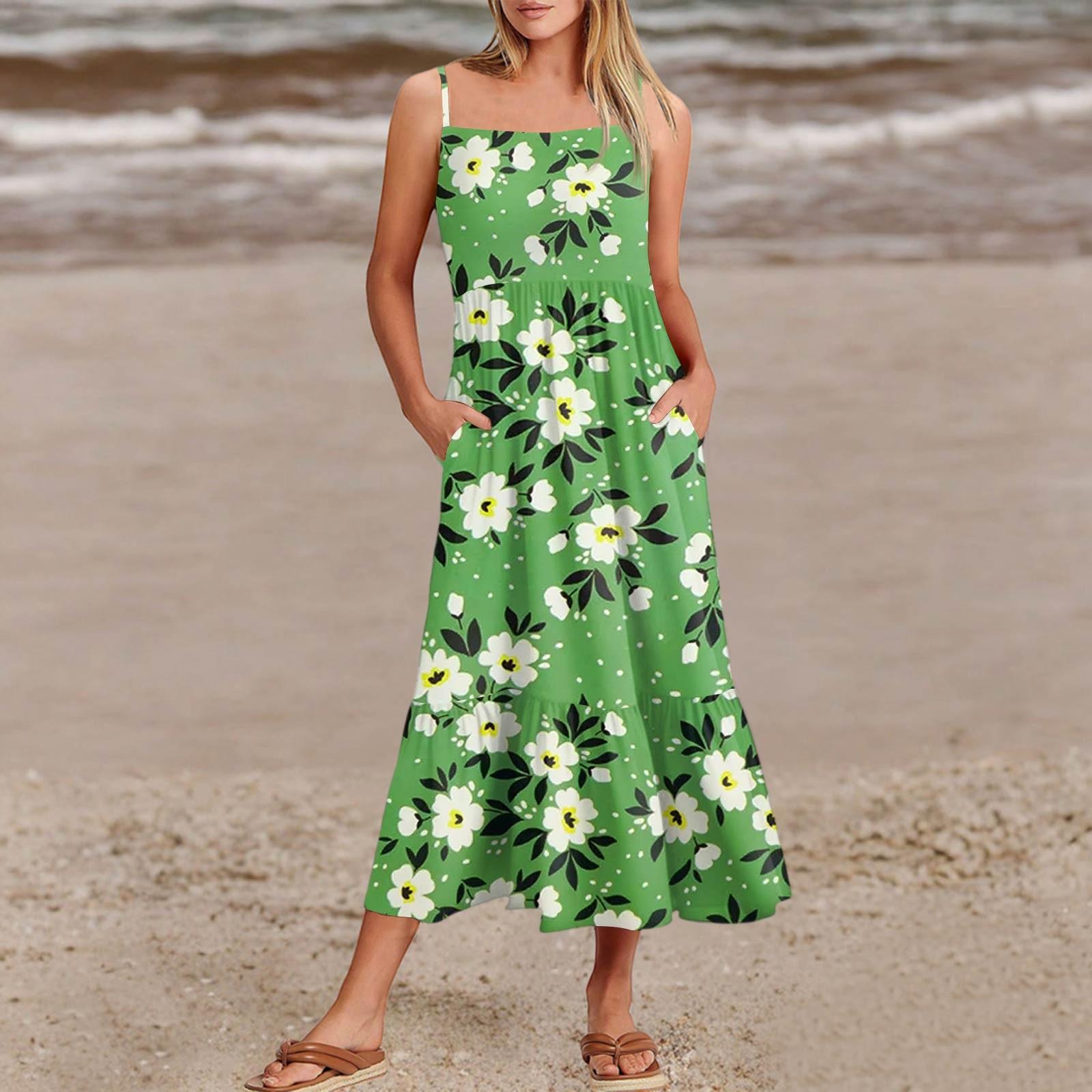 

Жіночі літні сукні на тонких бретелях, печворк, для пляжного відпочинку, квіткові, з кишенями XL зелений