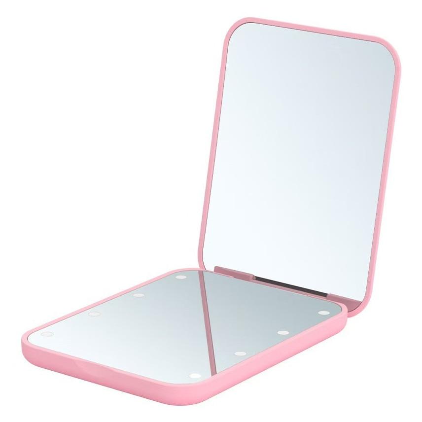 Mini LED Lighted Cosmetic Mirror Portable Pink 8.5x6.4cm Travel Makeup Mirror