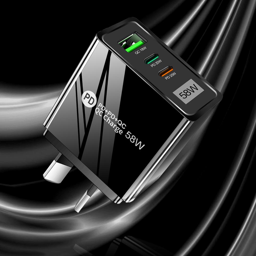 58W Fast Charging USB + Dual PD Travel Charger with EU/US/UK/KR/AU Plug, Type-C Compatible