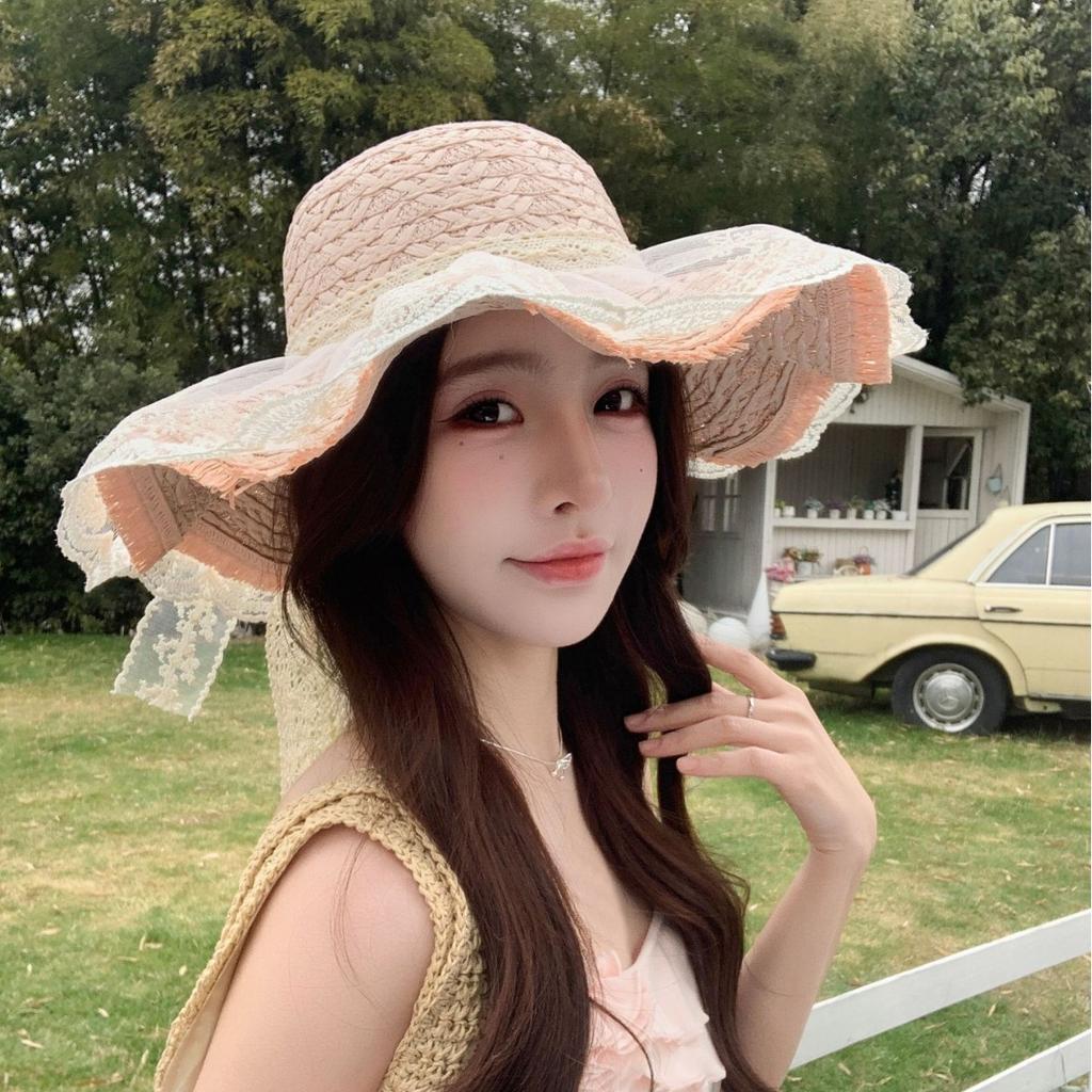 Summer Seaside Beach Outdoor Straw Hat Women'S Lace Bow Sunshade Sun Protection Hat Uv Protection Sun Straw Hat