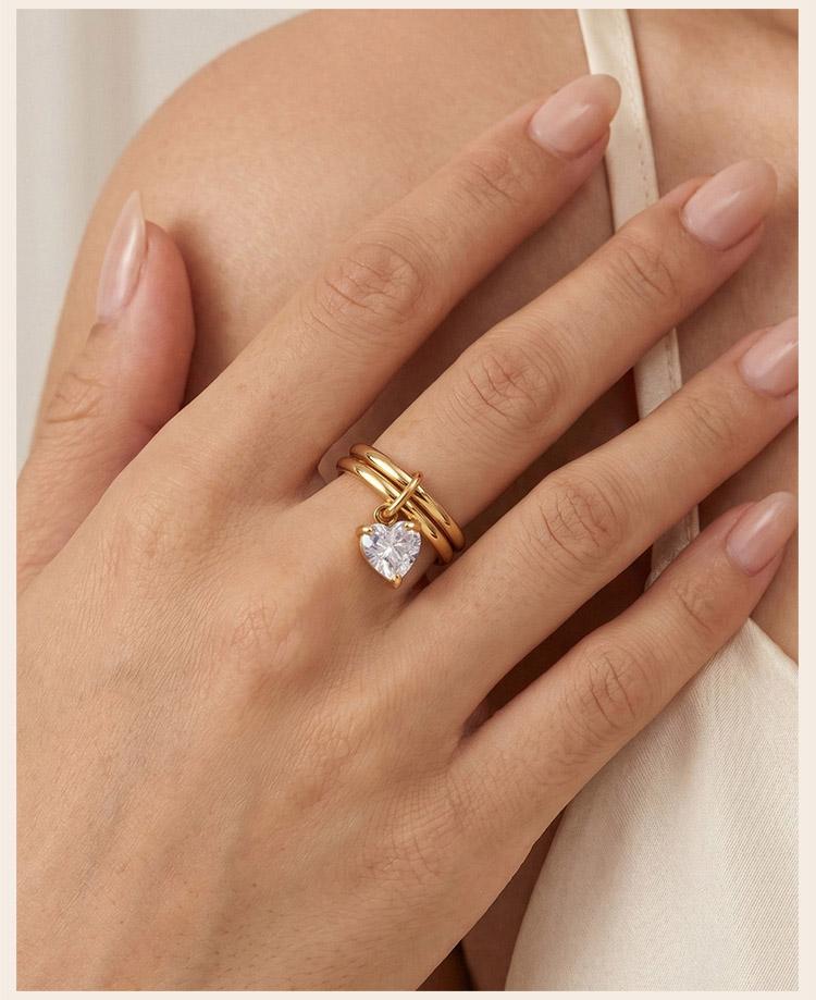 18K Gold Plated Waterproof Stainless Steel Dainty Drop CZ Stackable Ring for Women, Minimalist Double Row Dangle Rings Jewelry