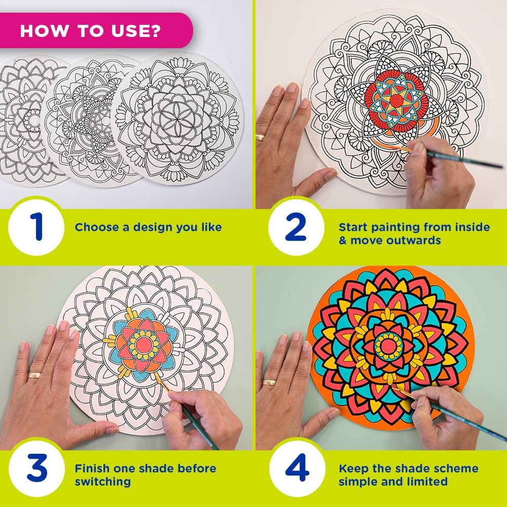 Fevicryl DIY Art of India Mandala Art Kit Acrylic Paints 6 Shades 2 Round Brushes 3 MDF Boards Guided Beginner Art Set