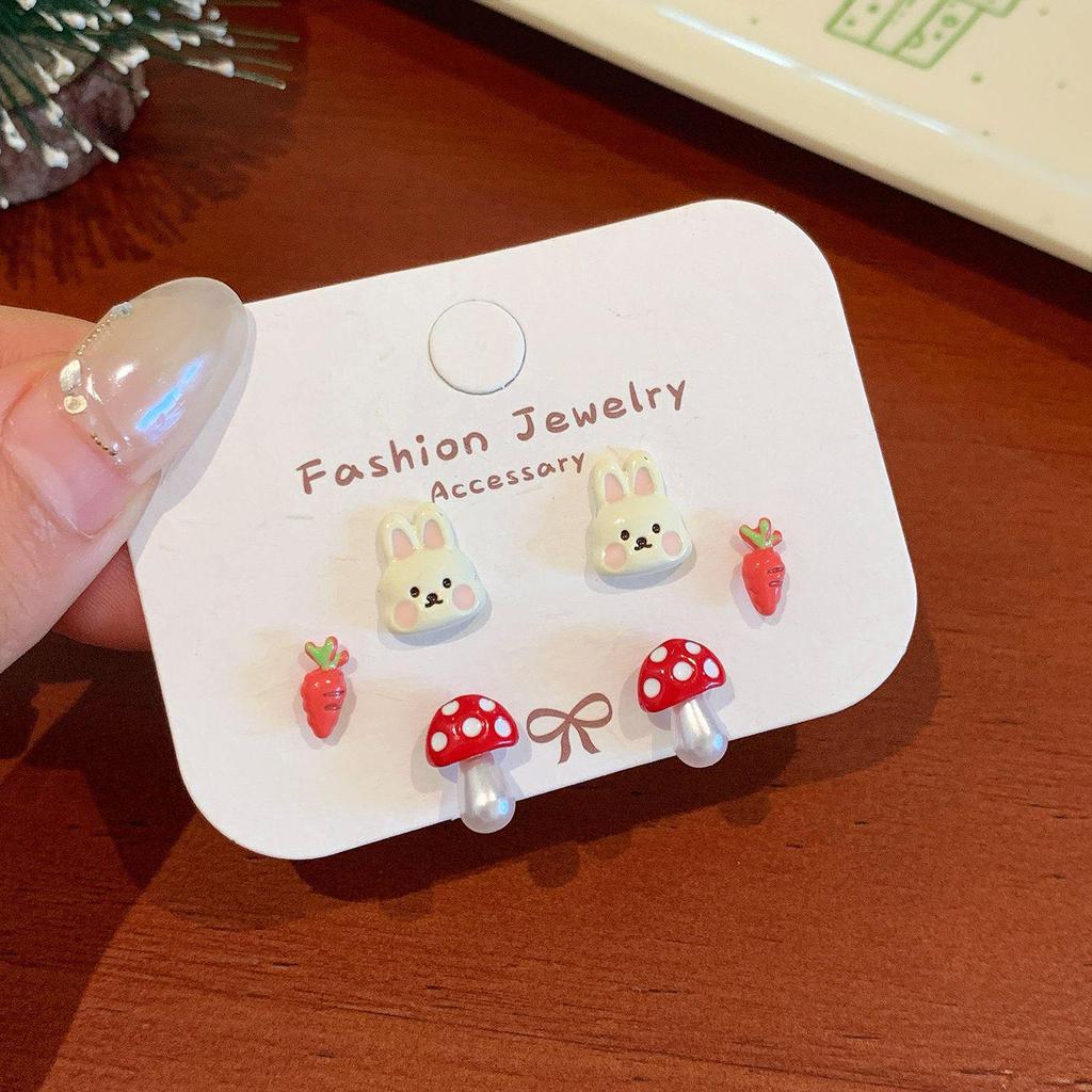 Santa Claus & Reindeer Holiday Stud Earrings - Fun Red Apple, Bell, and Cartoon Designs for Autumn/Winter. Silver Needle, Women's Festive Jewelry Set.