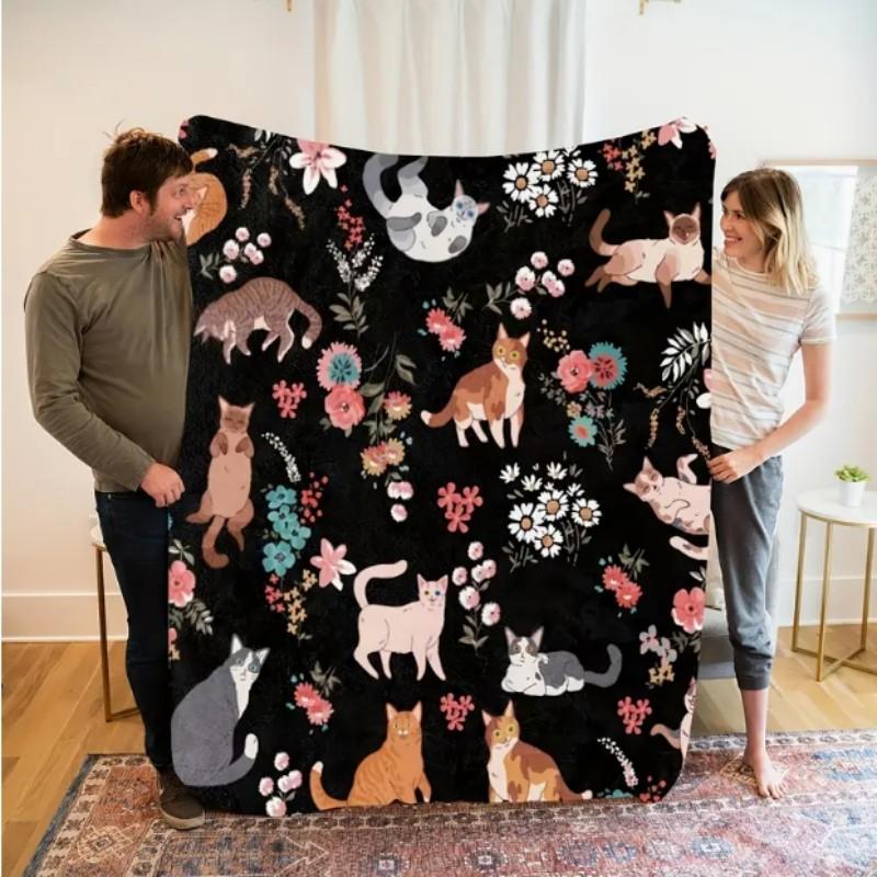 VIKAMA Cat and Floral Flannel Blanket Cat Blanket Is Soft and Machine Washable, Suitable for Sofa or Bed Home Decoration