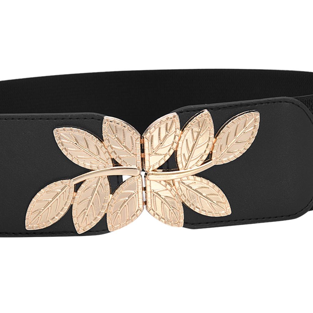 Women's Elastic Stretch Waist Belt Wide Decorative Leaf Pattern Adjustable Cinch Band for Dresses Tops and Tunics