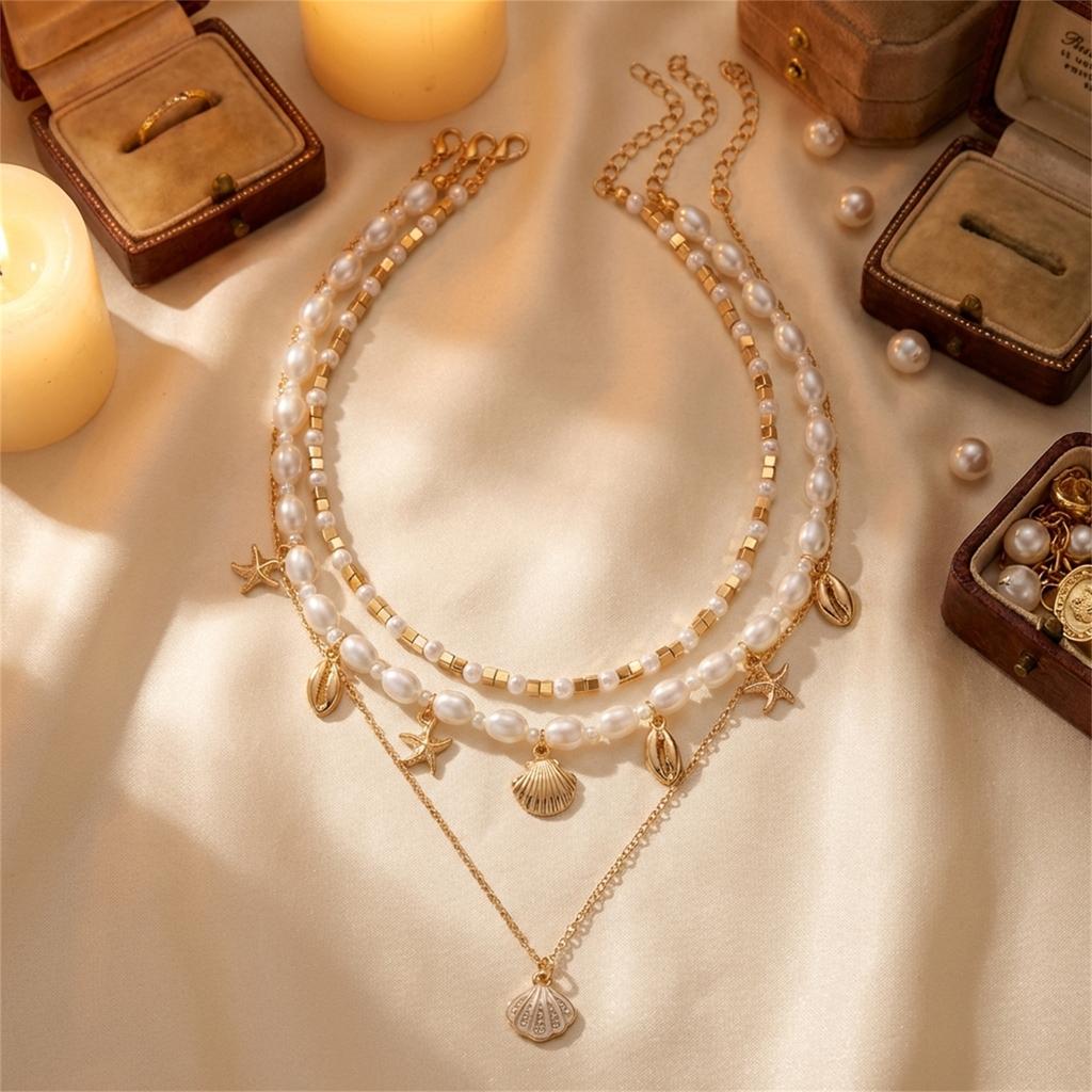 3 Stück Elegante Imitation Perlen Choker Halsketten für Damen Mehrschichtig Ozean Seestern Muscheln Anhänger Halsketten Party Schmuck