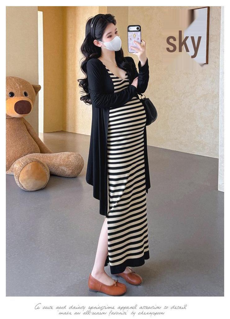 2026 Maternity Summer A-Line Dress: French Striped Spaghetti Strap, Slimming Age-Reducing Style