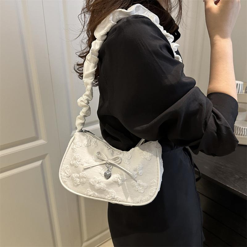 Sweet Korean Style Floral Jacquard Underarm Bag Women's Fashion Bow Heart Shoulder Bag with Ruffled Strap