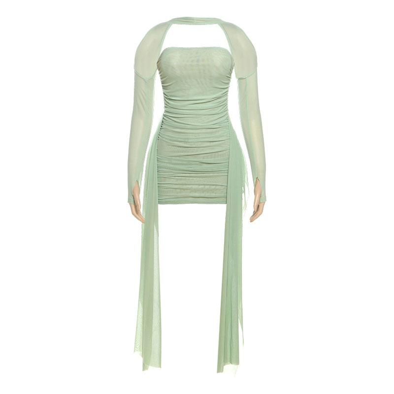 Summer Long Sleeve Bodycon Mini Short Dress Ribbon Pleated Tube Top Fashion New Sexy Party Dresses Hip Skirt Set Slim Fit Women's Clothing