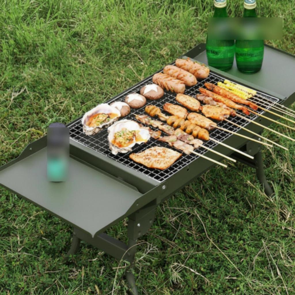Foldable Portable Briquette Grill Metal with Side Tables Easy Setup