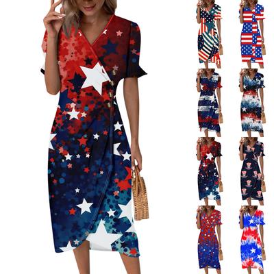 Beach Dresses For Women Spring Summer Elegant Wrap V Neck Independence Day Print Dress Flowy Ruched Hawaiian Maxi Dress