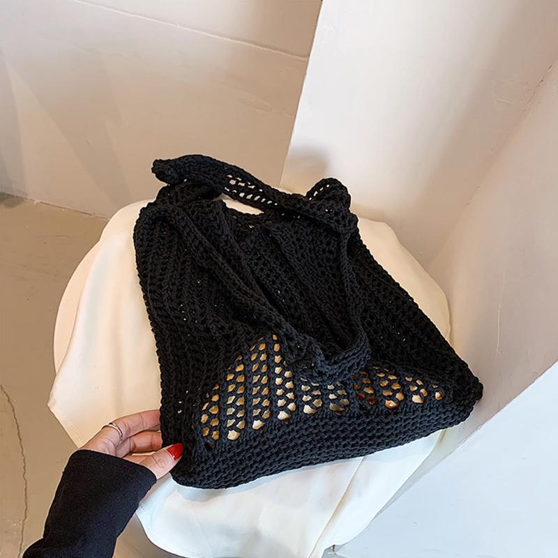 Однотонная большая плетеная сумка через плечо, богемная вязаная сумка-тоут, ажурная плетеная сумка, повседневная летняя
