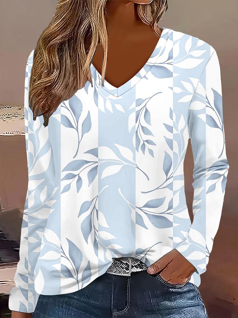 Women's Elegant V-Neck Marble Print Long Sleeve T-Shirt Soft Polyester Great for Autumn and Winter Casual Wear Floral Print Tops