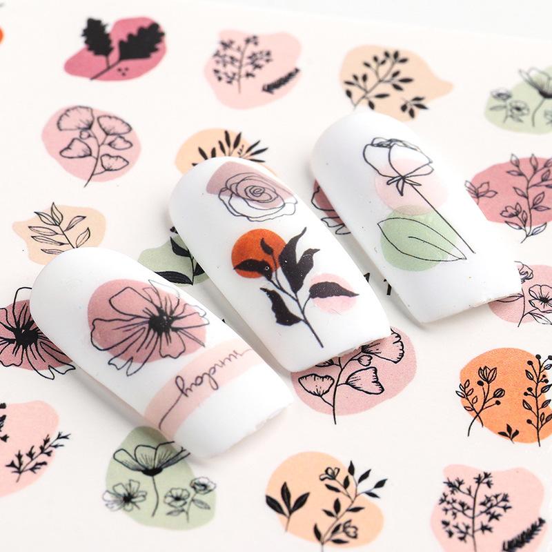 4Pcs Nail Art Slider Black Green Leaves Colorful Flowers Butterfly Spring Summer Nail Simple Designs Nail Art Stickers