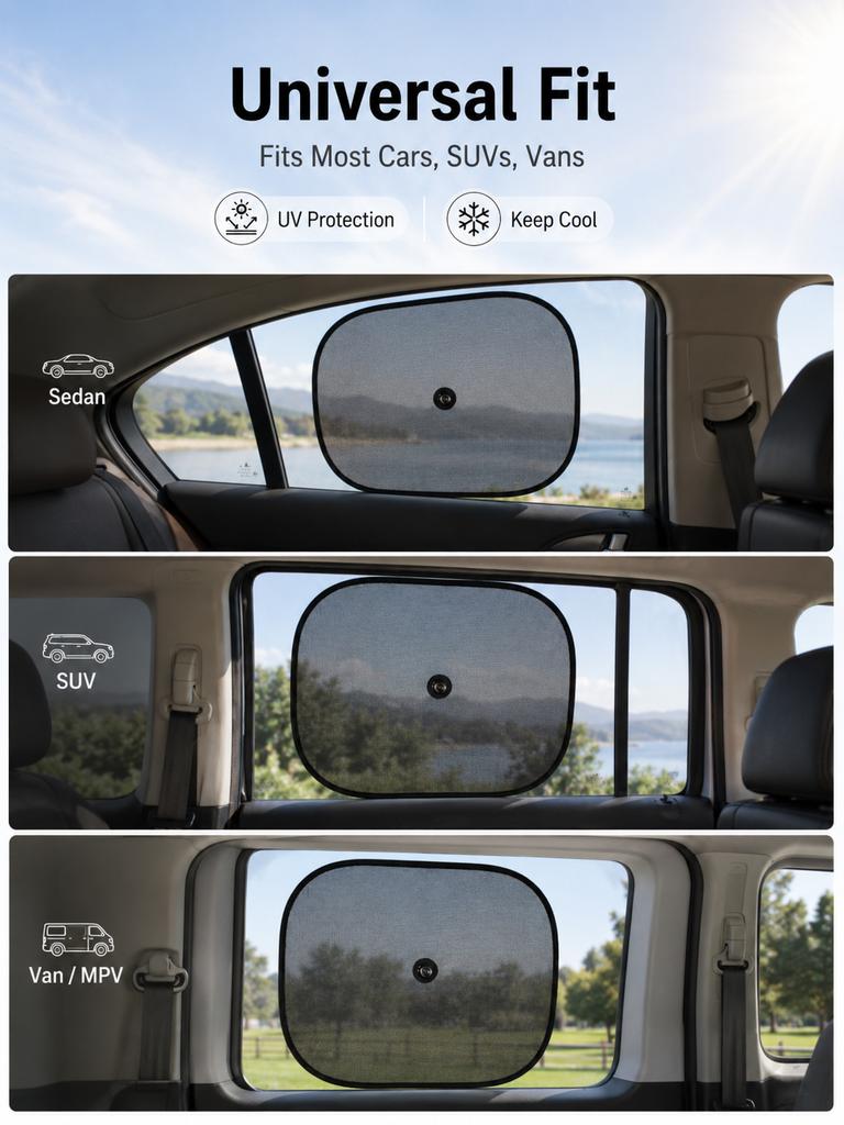 Universal Car Side Window Sunshade Suction Cup Mesh Curtain UV Protection Heat Insulation