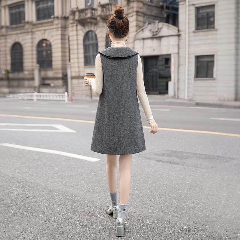 Women's Vintage Naval Collar Wool Blend Bow Vest Dress