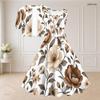 Women Plus Size Floral Printed Two Piece Set Square Neck Sleeveless Tie Waist Flared Dress Short Sleeve Cropped Shrug