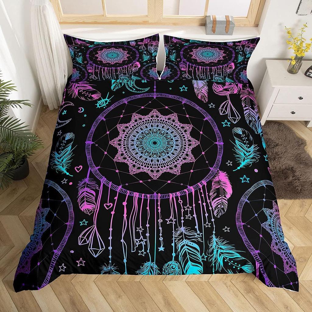 Conjunto de Cama Apanhador de Sonhos Boho Mandala Capa de Edredom Solteiro King, Capa de Edredom Exótica Tribal Pena Céu Estrelado Galáxia