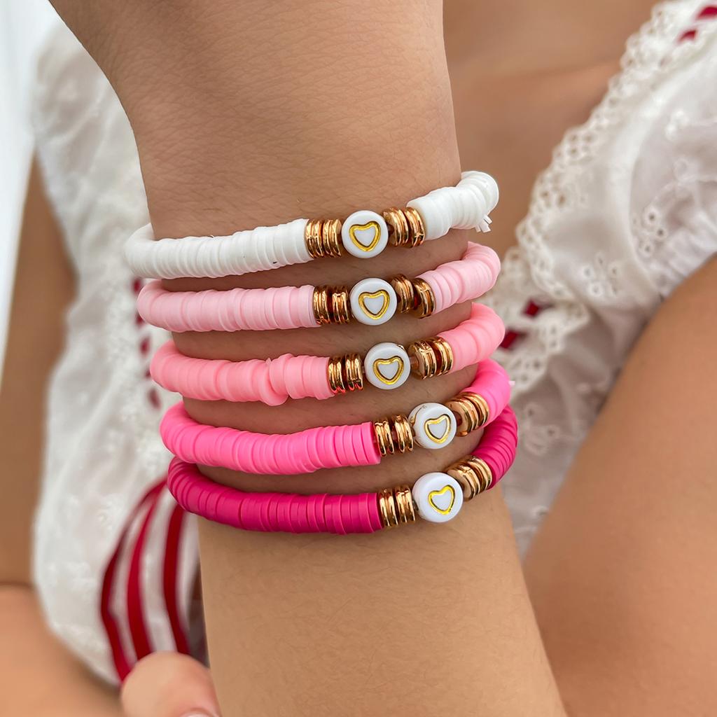 Salircon 5pcs/set Trendy Peach Heart Lips Charm Bracelet for Women Romantic Pink Red Soft Ceramic Bracelet Valentine's Day Gift