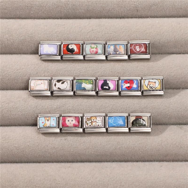 New Lovely Cat Dog Rabbit Flower Heart Strawberry Italian Charm Links Fit 9MM Stainless Steel Bracelet Women Men DIY Making Gift
