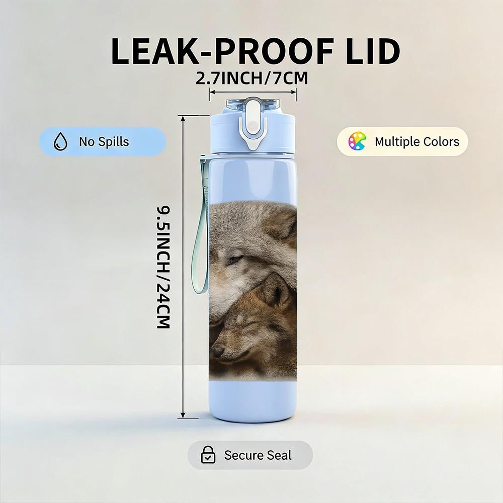 1PC Grey Wolf Head Portrait 750ml Color Plastic Sports Water Bottle Leakproof Flip Straw Lid Suitable for Sports Office Home Use