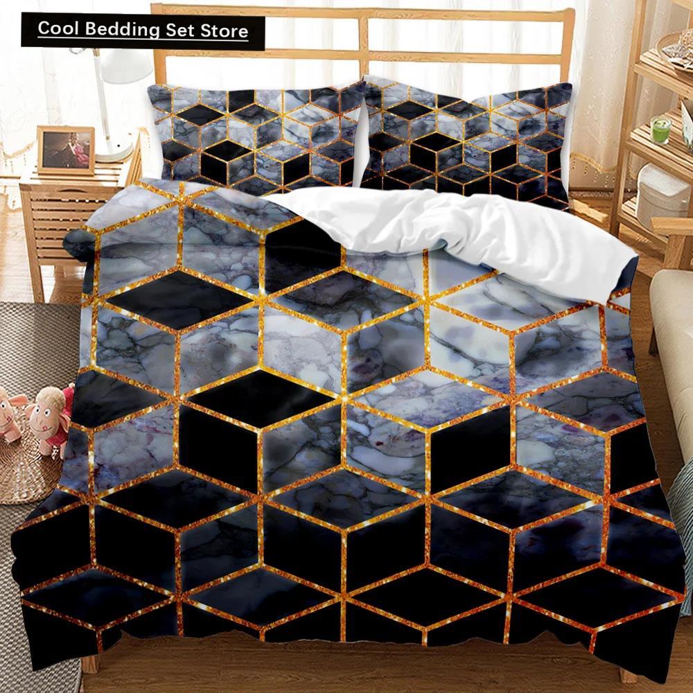 Set Husă Plapumă Marmură Negru Alb Auriu Textură Marmură Abstractă Imprimată Negru Alb Mărime Dublu Queen King Set de Lenjerie de Pat Poliester