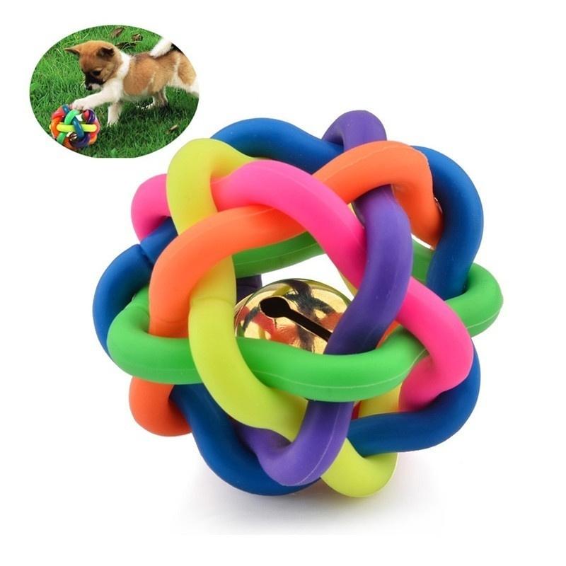 Colorful Round Pet Dog Cat Chewing Toy Rubber Knotted Ball With Bell