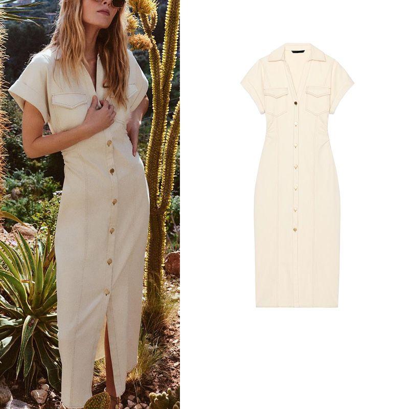 Summer New Women Clothes Lapel Waist Pleated Short Sleeve Temperament Midi Dress 3220622 2284576