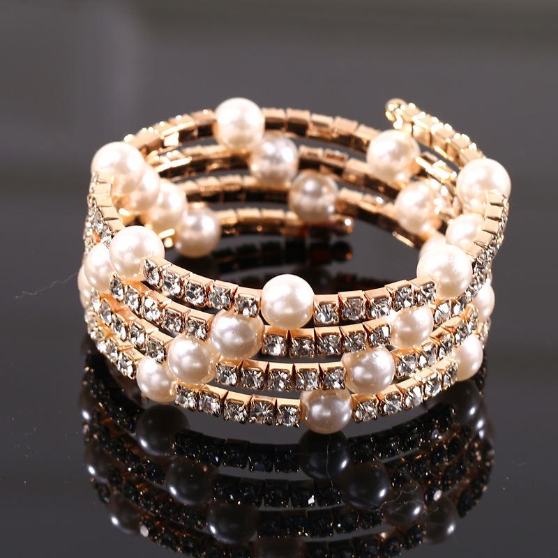 Jewelry Fashion Multi-layer Pearl Diamond Winding Spiral Bracelet Bridal Pearl Bracelet