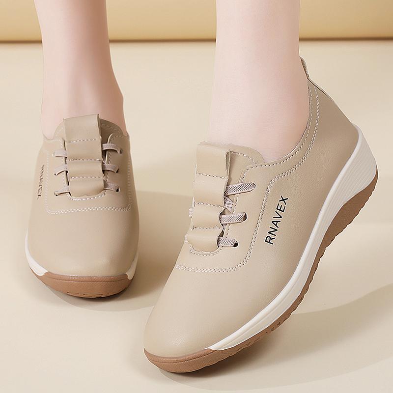 Natural Platform Chunky Casual Sneakers Women's 3cm Comfy Leather Moccasins Fashion Hook Lace-Up Vulcanized Shoes