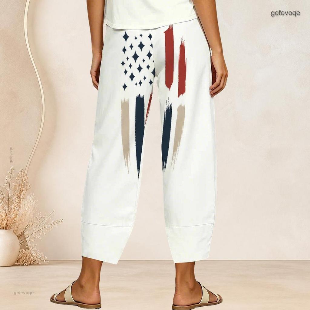 Women Plus Size Cross Hem Long Pants Retro Star Stripe Geometric Print Loose Casual Trousers