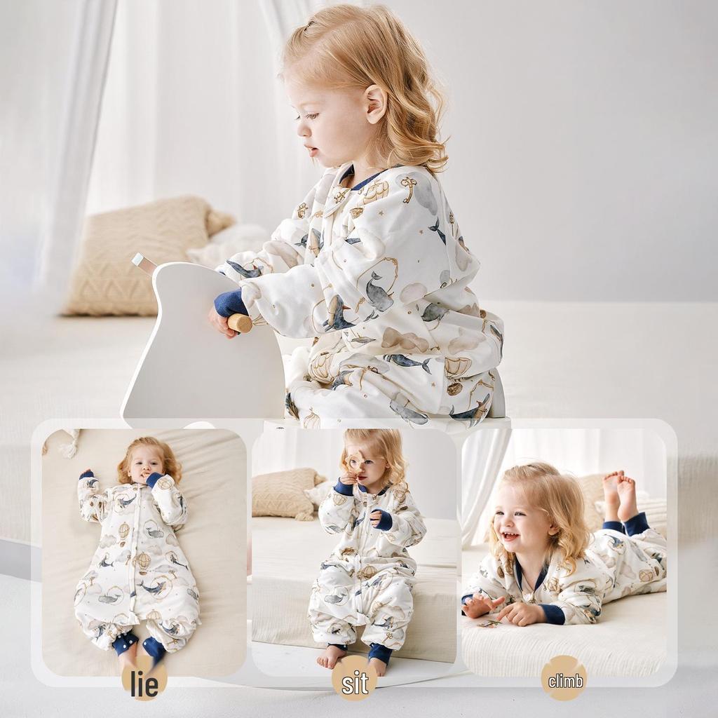 Quilted Baby Sleeping Bag with Removable Sleeves for Autumn/Winter, Split-Leg Design, Anti-Kick, Class A Warmth
