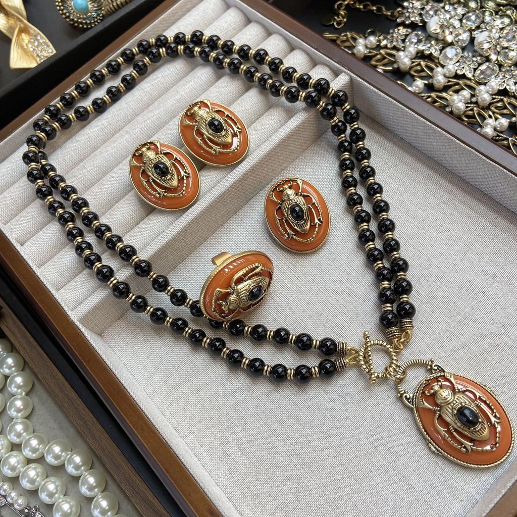 Russian Gold Dripping Orange Retro Insect Scarab Beaded Double Layer Necklace Ear Pat Ring Brooch Set