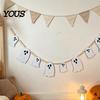 Ghost Halloween Garland 2 Pcs 7.5FT Garland, Felt Pumpkin Bat Skull with Banner Decoration Wood Beads, Party Hanging for Fireplace Doorway Indoor