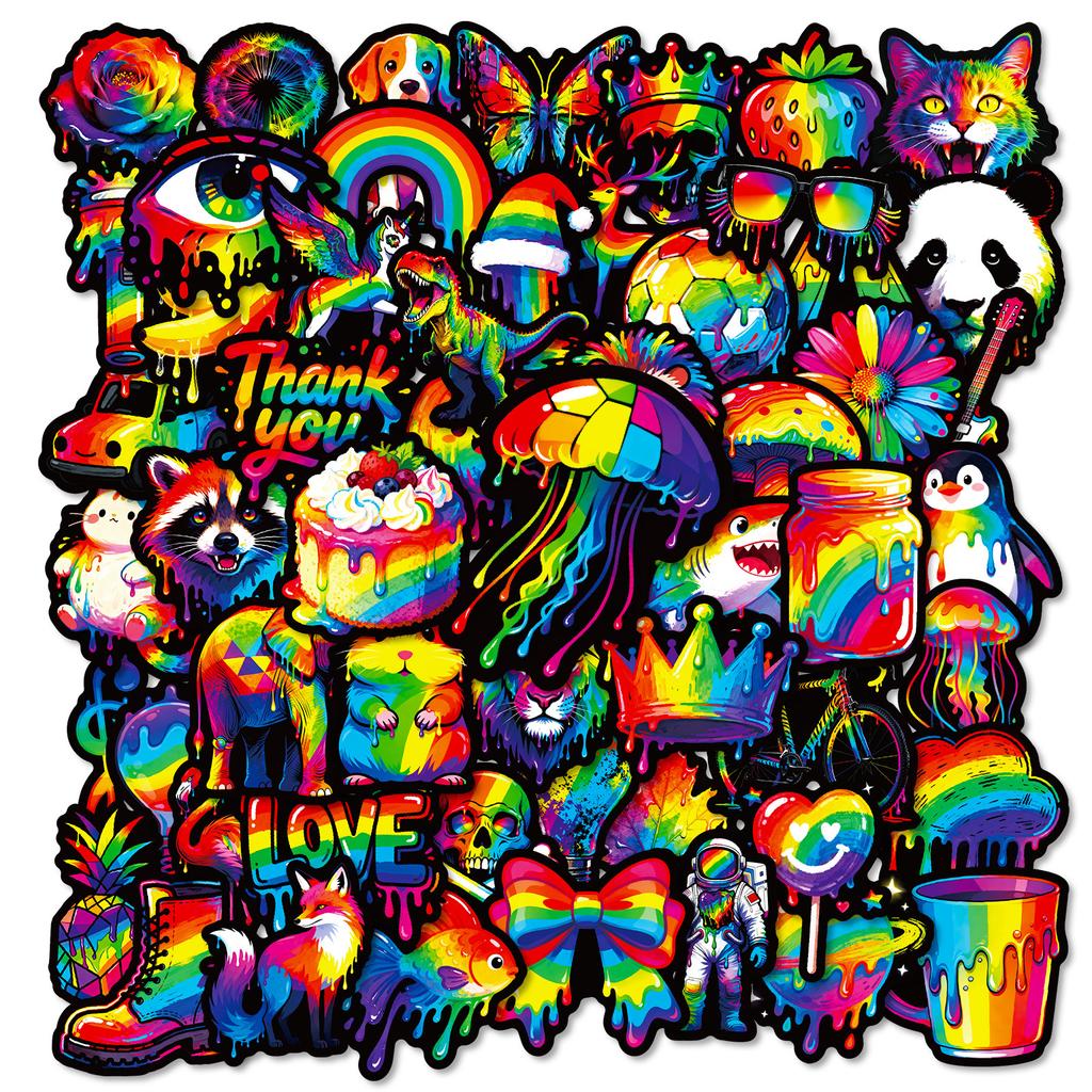 56 Rainbow Ink Splashing Style Creative Sticker Set Tide Cool Animal Elements Hand Account Decoration Diy Personalized Material Stickers