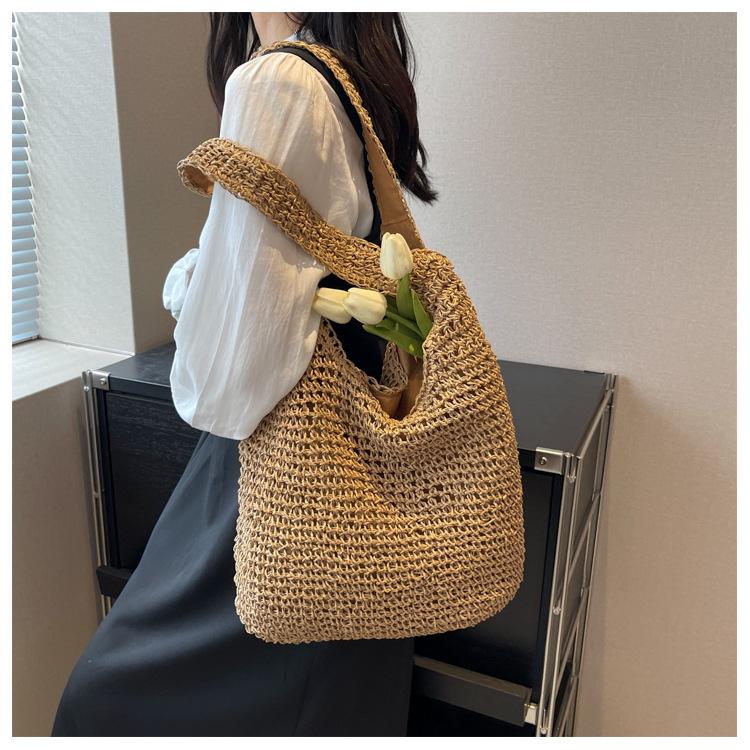 Handtasche Neue Lässige Schultertasche Strandurlaub Große Kapazität Pendler Tragetasche Gewebte Stroh Tragetasche für Damen