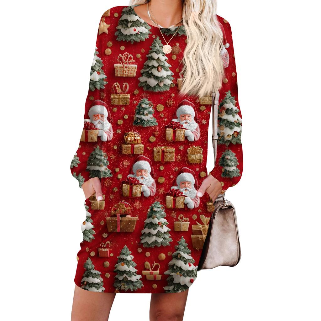 Women's Snowflake Print Fashionable Long-sleeved Round-neck Pocket Dress