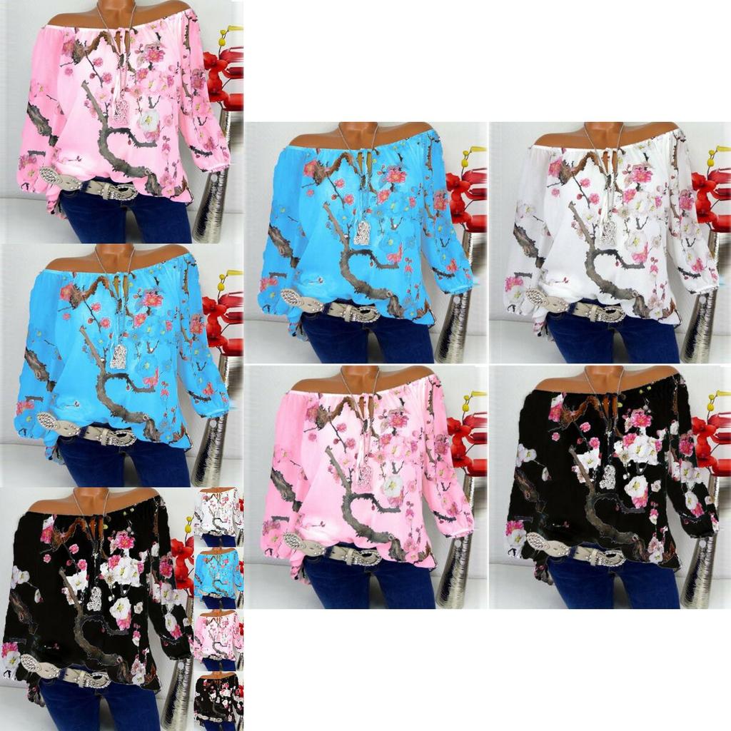 Off Women Shoulder Floral Tops Ladies Summer Loose T Shirt Blouse Plus Size
